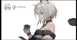  1other animal_ears anths arknights bare_shoulders breasts cleavage closed_mouth coffee_mug commentary_request cup doctor_(arknights) dress female from_side grey_eyes holding kal&#039;tsit_(arknights) looking_down mug off_shoulder out_of_frame profile short_hair simple_background thinking upper_body white_background white_dress white_hair worried 