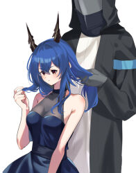  1other :o arknights bare_arms bare_shoulders black_gloves black_horns black_jacket black_sash blue_dress blue_hair blush breasts brown_eyes ch&#039;en_(arknights) cleavage commentary_request doctor_(arknights) dress female gloves hair_between_eyes hand_in_another&#039;s_hair hand_in_own_hair hand_up highres holding holding_another&#039;s_hair holding_own_hair hood hood_up hooded_jacket horns jacket lily0428 long_hair long_sleeves looking_down open_clothes open_jacket parted_lips sash simple_background white_background 