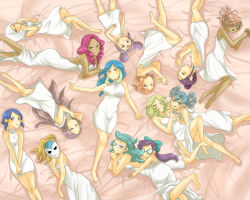  6+girls akasata barazono_hana blonde_hair blue_eyes blue_hair bow breasts brown_hair cleavage dress glasses grey_eyes hair_over_one_eye hairbow hasuike_an holding holding_mask inazuma_eleven inazuma_eleven_(series) kii_fumiko kui_ruru kurakake_clara kurione_yuki mask multiple_girls nitou_honoka pink_hair purple_eyes purple_hair smile touchi_ai urubida white_dress 