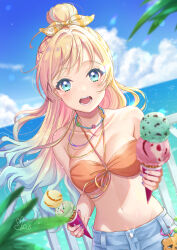  absurdres bikini blonde_hair blue_eyes blue_hair blue_shorts blue_sky breasts cleavage cloud collarbone commentary double_scoop dutch_angle female food gradient_hair hair_bun halterneck highres holding holding_ice holding_ice_cream_cone ice_cream ice_cream_cone incoming_food iroenpitsu_xxx light_blue_hair link!_like!_love_live! long_hair love_live! medium_breasts midriff mint_chocolate multicolored_hair navel oerba_yun_fang official_alternate_costume official_alternate_hairstyle open_mouth orange_bikini osawa_rurino osawa_rurino_(swimsuit) railing shorts signature single_hair_bun sky solo swept_bangs swimsuit teeth upper_body virtual_youtuber 