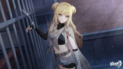  bandaged_hand bandages belt black_gloves black_shirt brick_wall chinese_commentary commentary_request cowboy_shot crop_top cuffs female fingerless_gloves gloves grey_belt grey_cloak grey_shorts grin hair_intakes handcuffs highres honkai_(series) honkai_impact_3rd looking_at_viewer midriff navel official_art official_wallpaper restrained shirt short_shorts shorts smile solo songque standing stomach two_side_up 