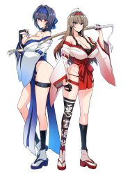  2girls between_breasts black_gloves black_socks black_thighhighs blue_bow blue_eyes blue_hair blue_headband bow breasts brown_hair cleavage commentary_request fingerless_gloves full_body gloves hair_intakes hairbow halcon headband highres holding holding_sword holding_weapon katana kneehighs large_breasts long_sleeves looking_at_viewer multiple_girls nontraditional_miko original purple_eyes red_headband sandals single_thighhigh socks standing sword talisman thighhighs weapon wide_sleeves 