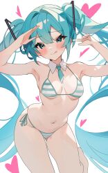  :q absurdres alternate_costume aqua_ascot aqua_eyes aqua_hair aqua_necktie ascot bikini coco_irasuto detached_collar female hatsune_miku heart heart_background highres looking_at_viewer meme_attire miku_collar_bikini necktie standing standing_on_one_leg striped_bikini striped_clothes swimsuit tongue tongue_out twintails vocaloid white_background 