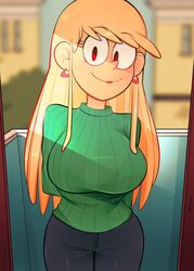  1girls aged_up arkeus big_breasts black_bra blonde_hair blush bra_visible_through_clothes earrings female green_sweater hands_behind_back huge_breasts jeans leni_loud long_hair looking_at_viewer nickelodeon pov solo sweater the_loud_house tight_clothes tight_clothing tight_fit wholesome 