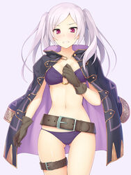  1girls alternate_costume archway_of_venus ass_visible_through_thighs belt belt_buckle beltskirt bikini black_coat blush breasts brown_gloves buckle cleavage clenched_hand clenched_teeth coat cowboy_shot dark_persona embarrassed female fire_emblem fire_emblem_awakening fire_emblem_heroes forehead gloves gluteal_fold grima_(fire_emblem) hand_on_chest hand_on_own_chest high_resolution highres ihara_asta jacket jacket_on_shoulders long_hair looking_at_viewer loose_belt medium_breasts navel o-ring o-ring_bikini o-ring_top official_alternate_costume open_clothes open_coat open_mouth photoshop_(medium) pink_eyes purple_background purple_bikini purple_hair purple_swimsuit robin_(female)_(summer)_(fire_emblem) robin_(fire_emblem) robin_(fire_emblem)_(female) solo standing stomach swimsuit teeth thigh_strap v-shaped_eyebrows 