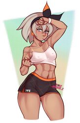  1girls 2021 abs bea_(pokemon) breasts female female_focus female_only gray_eyes grey_eyes jakuson_z muscles muscular muscular_female nintendo nipple_bulge pokemon pokemon_ss solo tan_body thighs tomboy 