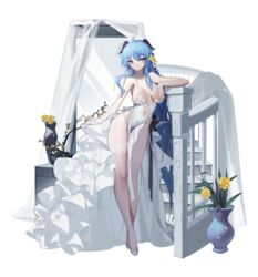  absurdres alternate_costume alternate_eye_color bare_legs bare_shoulders blue_eyes blue_hair blush breasts chinese_commentary cleavage closed_eyes closed_mouth collarbone commentary_request covered_navel dress dududu_(flying-corpses) female flower frilled_dress frills ganyu_(genshin_impact) genshin_impact gloves hair_flower hair_ornament highres large_breasts long_hair looking_at_viewer mirror partial_commentary pelvic_curtain railing single_glove smile solo stairs standing thigh_strap vase very_long_hair white_dress white_gloves yellow_flower 