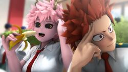  1boy 2girls 3d :| arm_up ashido_mina banana black_sclera blurry blurry_background blush boku_no_hero_academia breasts cafeteria closed_mouth colored_sclera colored_skin commentary english_commentary epaulettes food fruit greatm8 hagakure_tooru hand_on_own_head hand_rest hands_up highres holding holding_food holding_fruit horns indoors invisible kirishima_eijirou looking_at_another looking_away medium_breasts multiple_girls open_mouth pink_hair pink_skin plant raised_eyebrow red_eyes school_uniform shirt short_hair sleeves_rolled_up source_filmmaker_(medium) spiked_hair sweat tongue tongue_out u.a._school_uniform v-shaped_eyebrows white_shirt window wing_collar yellow_eyes 