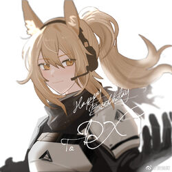  animal_ears arknights armor artist_name backlighting black_gloves blonde_hair blurry blurry_foreground breastplate female gloves happy_birthday headset horse_ears long_hair looking_at_viewer nearl_(arknights) pauldrons ponytail shoulder_armor simple_background solo ting_(machi_nakahara) upper_body white_background yellow_eyes 