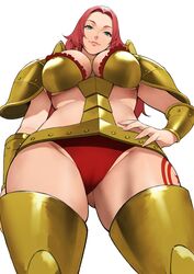  absurdres arm_guards armor armored_boots ass_visible_through_thighs baccarat_(one_piece) bad_id bad_twitter_id blush boots breastplate breasts cleavage female from_below gold_armor green_eyes highres large_breasts long_hair looking_at_viewer looking_down one_piece one_piece_film:_gold panties parted_bangs pauldrons red_hair red_panties shoulder_armor smile solo thighs underwear white_background yoshio_(55level) 