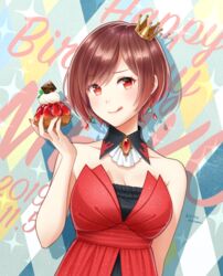  :q bare_arms bare_shoulders breasts brooch brown_hair character_name cleavage closed_mouth commentary cream crown crystal dated dessert detached_collar dress earrings english_text female food formal fruit gem happy_birthday heart heart_in_eye highres holding holding_food jewelry kirita_asami medium_breasts meiko_(vocaloid) mini_crown nail_polish red_dress red_eyes red_nails short_hair smile solo strapless strapless_dress strawberry sweets swept_bangs symbol_in_eye tongue tongue_out upper_body vocaloid 