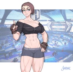  abs beanie blonde_hair breasts cleavage crop_top earrings fingerless_gloves gloves grey_eyes hand_on_own_hip hat highres jewelry muscular muscular_female original player_character_(street_fighter_6) pointing pointing_up shardanic short_hair shorts street_fighter street_fighter_6 thick_thighs thighs 