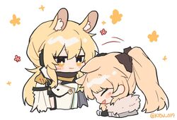  2girls animal_ear_fluff animal_ears arknights armor blemishine_(arknights) blonde_hair commentary fur-trimmed_armor fur_trim headgear headpat headphones headset highres horse_ears horse_girl horse_tail implied_extra_ears kyou_039 long_hair multiple_girls nearl_(arknights) nearl_the_radiant_knight_(arknights) official_alternate_costume plate_armor ponytail tail 