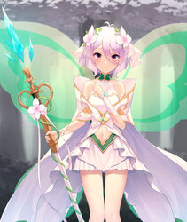  antenna_hair bare_shoulders blush bow breasts cloak closed_mouth clothing_cutout clothing_request collarbone commentary detached_sleeves elf fairy_wings feet_out_of_frame female flower green_wings hair_between_eyes hair_flower hair_ornament hanavvi hand_up highres holding holding_staff kokkoro_(princess)_(princess_connect!) kokkoro_(princess_connect!) light_smile looking_at_viewer medium_hair navel navel_cutout pleated_skirt pointy_ears princess_connect! princess_form_(princess_connect!) showgirl_skirt skirt sleeveless small_breasts solo split_mouth staff transparent_wings white_bow white_cloak white_hair white_skirt wings 