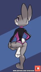  3_toes absurd_res anthro ass barefoot butt_pose claws countershade_feet countershading disney feet female hi_res judy_hopps lagomorph leporid looking_back mammal plantigrade pose rabbit raised_leg rear_view simple_background siroc soles solo standing surfer text toes url zootopia 