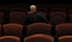  1boy black_eyes commentary dark-skinned_male dark_skin enrico_pucci facial_hair hand_on_own_face highres indoors iq230230 jojo_no_kimyou_na_bouken male_focus priest solo stone_ocean theater_seating watching white_hair 