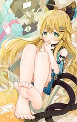  ahoge bare_legs bare_shoulders barefoot blonde_hair box feet female foot_focus genshin_impact green_eyes hair_ornament highres in_box in_container kirara_(cat)_(genshin_impact) kirara_(genshin_impact) multiple_tails own_hands_together soles solo tail toes two_tails xianyuzi 