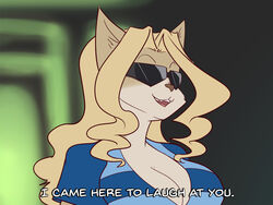  4:3 anthro big_breasts black_eyewear black_sunglasses blonde_hair breasts bust_portrait cheese_quesadilla clothing dialogue digital_media_(artwork) english_text eyewear felid female fur general-irrelevant gundam hair i_came_here_to_laugh_at_you mammal meme mobile_suit_gundam mobile_suit_zeta_gundam open_mouth pattern_clothing portrait smile solo striped_clothing stripes sunglasses tan_body tan_fur text 