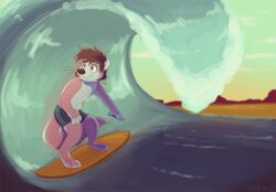  anthro femboy forebucks forepawz inuhein male mammal mustelid otter river sea sunset surfer surfing water wave 