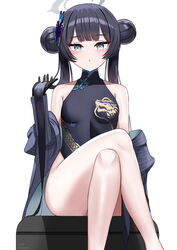  absurdres armpits black_dress black_hair blue_archive blush braid braided_bun breasts butterfly_hair_ornament china_dress chinese_clothes coat crossed_legs double_bun dragon_print dress female green_eyes hair_bun hair_ornament halo highres jacket kisaki_(blue_archive) long_hair looking_at_viewer no_panties pelvic_curtain pinstripe_jacket pinstripe_pattern print_dress s_redbutterfly simple_background sitting small_breasts solo striped_clothes striped_coat striped_jacket twintails vertical-striped_clothes vertical-striped_coat vertical-striped_jacket white_background 