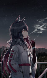  absurdres animal_ear_fluff animal_ears arknights black_hair blowing_smoke cigarette city city_lights cityscape coat colored_inner_hair commentary fall_(aki) female from_side fur-trimmed_jacket fur-trimmed_sleeves fur_trim gloves hand_in_pocket hand_up highres jacket long_hair long_sleeves looking_away multicolored_hair night night_sky official_alternate_costume outdoors profile red_hair sky smoking solo star_(sky) starry_sky texas_(arknights) texas_(winter_messenger)_(arknights) upper_body white_jacket wide_sleeves winter_clothes winter_coat wolf_ears 