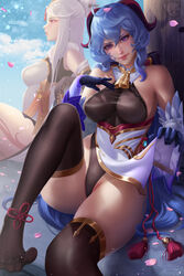  2girls bare_shoulders bell big_breasts blue_hair breasts child_bearing_hips chinese_clothes clothed clothing cute cute_face detached_sleeves dress dress_lift feet female female_focus female_only fully_clothed ganyu_(genshin_impact) genshin_impact hand_on_chest hand_on_own_chest hips horns large_breasts legs leotard ningguang_(genshin_impact) orange_eyes prywinko purple_eyes realistic sitting sleeves stockings tattoo tattoo_on_thigh thick_thighs thighs tight_clothing tight_leotard white_hair wide_hips 