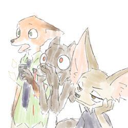  1:1 anthro aomaroo blood bodily_fluids bottomwear brown_body brown_eyes brown_fur canid canine cellphone clothed clothing disney duke_weaselton ears_back electronics fennec_fox finnick_(zootopia) fox fully_clothed fur green_eyes group holding_cellphone holding_object holding_phone inner_ear_fluff mammal mustelid musteline necktie nick_wilde nosebleed open_mouth orange_body orange_fur pants phone pivoted_ears red_fox shirt simple_background smile tan_body tan_fur topwear true_fox true_musteline tuft weasel white_background wide_eyed zootopia 