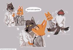  2022 4_fingers anthro blush business_attire business_suit businesswear canid canine canis cheek_tuft clothed clothing dialogue diane_foxington digital_media_(artwork) dreamworks duo ears_back ears_down ears_up english_text eyebrow_piercing facial_piercing facial_tuft female fingers fluffy fox fur good_boy green_eyes grey_body grey_fur grin heart_symbol inner_ear_fluff kissing kissing_cheek korean_text male male/female mammal mr._wolf_(the_bad_guys) necktie nosugarnohoney open_mouth orange_body orange_fur piercing pivoted_ears simple_background smile speech_bubble suit tail tail_motion tailwag teeth text the_bad_guys tuft wolf yellow_sclera 