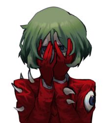  1boy absurdres blue_eyes coco_(556ch0cl8) commentary_request covering_face e.g.o_(project_moon) employee_(project_moon) gloves green_hair highres jacket lobotomy_corporation long_sleeves male_focus nothing_there project_moon red_gloves red_jacket shirt short_hair simple_background solo upper_body white_background white_shirt 