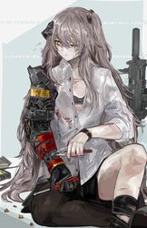  black_bra black_nails blood blood_on_clothes bra breasts brown_hair bullet collared_shirt commentary english_commentary female girls&#039;_frontline gun h&amp;k_ump hair_between_eyes headgear highres holding holding_screwdriver long_hair mechanical_arms nail_polish nslacka one_eye_closed one_side_up open_clothes open_shirt pliers repairing scar scar_across_eye scar_on_face screwdriver shirt single_leg_pantyhose single_mechanical_arm sitting sleeves_rolled_up small_breasts solo submachine_gun suppressor ump45_(girls&#039;_frontline) ump45_(mod3)_(girls&#039;_frontline) underwear very_long_hair weapon white_shirt yellow_eyes 