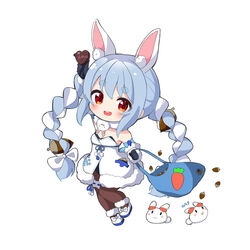  :d absurdres acorn acorn_hair_ornament ame. animal_ear_fluff animal_ears arm_up bag bare_shoulders black_gloves black_leotard blue_hair blush bow braid brown_pantyhose candy chibi chocolate commentary_request detached_sleeves dress english_text female food full_body fur-trimmed_dress fur-trimmed_gloves fur_trim gloves hairbow heart heart-shaped_chocolate highres holding holding_bag holding_food hololive leotard looking_at_viewer multicolored_hair pantyhose pekomon_(usada_pekora) puffy_short_sleeves puffy_sleeves rabbit-shaped_pupils rabbit_ears red_eyes shoes short_eyebrows short_sleeves simple_background smile strapless strapless_dress strapless_leotard symbol-shaped_pupils thick_eyebrows twin_braids twintails two-tone_hair usada_pekora usada_pekora_(1st_costume) virtual_youtuber white_background white_bow white_dress white_footwear white_hair white_sleeves 