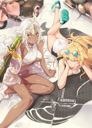  2girls absurdres ahoge ass back bare_shoulders blonde_hair blue_eyes blush braid breasts cleavage dark-skinned_female dark_skin eyewear_on_head fate/grand_order fate_(series) hair_spread_out halterneck headpiece highres jeanne_d&#039;arc_(fate) jeanne_d&#039;arc_(swimsuit_archer)_(fate) jeanne_d&#039;arc_(swimsuit_archer)_(second_ascension)_(fate) lakshmibai_(fate) large_breasts long_hair looking_at_viewer lying motor_vehicle multiple_girls ohland on_stomach one-piece_swimsuit one_eye_closed ponytail red_eyes scooter shoes side_braids sitting smile sneakers sunglasses swimsuit twin_braids very_long_hair water_gun white_footwear white_hair white_one-piece_swimsuit 