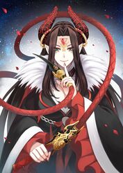  black_hair breasts demon_girl dress facepaint female forehead_jewel frilled_sleeves frills fur_trim green_eyes highres horn_ornament horn_ring horns jewelry lipstick long_hair looking_at_viewer makeup nail_polish pointy_ears smile thunderbolt_fantasy weapon whip xing_hai xunling 