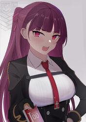  absurdres bingzhi_juzi black_gloves black_jacket blush braid breasts commentary female french_braid girls&#039;_frontline gloves griffin_&amp;_kryuger hair_ribbon hand_on_own_hip harness highres holding jacket long_hair looking_at_viewer medium_breasts necktie open_clothes open_jacket open_mouth purple_eyes purple_hair red_necktie ribbon shirt side_ponytail simple_background solo teeth tsundere upper_body upper_teeth_only wa2000_(girls&#039;_frontline) white_shirt 