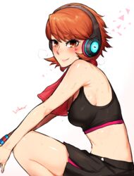  armpits artist_name bare_arms bare_shoulders black_shorts blush breasts closed_mouth commentary_request female from_side headphones highres ichigai_(hayawossan) looking_at_viewer looking_to_the_side medium_breasts persona persona_3 persona_3:_dancing_moon_night persona_dancing red_eyes red_hair short_hair shorts sideboob smile solo sports_bra squatting sweat sweatband towel towel_around_neck wet yukari_takeba 