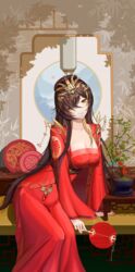  absurdres azur_lane breasts brown_hair chinese_clothes chinese_wedding cleavage dress feet_out_of_frame female hair_ornament hand_fan harbin_(azur_lane) harbin_(red_paeonia)_(azur_lane) highres holding holding_fan large_breasts long_hair long_sleeves official_alternate_costume official_alternate_hairstyle red_dress red_nails romanecontiay solo tuanshan very_long_hair wide_sleeves 