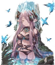  asymmetrical_gloves ayacho bad_id bad_pixiv_id bikini black_bikini black_gloves blue_butterfly braid breasts bug butterfly closed_eyes demon_horns draph female gloves granblue_fantasy hair_over_one_eye highres horns large_breasts light_purple_hair long_hair low_tied_hair narmaya_(granblue_fantasy) narmaya_(the_black_butterfly)_(granblue_fantasy) official_alternate_costume own_hands_together partially_submerged pointy_ears purple_hair single_braid solo swimsuit uneven_gloves water waterfall 