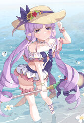  anklet bare_shoulders bikini bikini_skirt blunt_bangs blush bow bow_bikini bracelet choker collarbone elf female flat_chest flower flower_choker flower_collar frilled_bikini frilled_skirt frills hand_on_headwear hat hat_bow hat_flower highres holding holding_staff jewelry kyoka_(princess_connect!) kyoka_(summer)_(princess_connect!) long_hair looking_at_viewer low_twintails midriff multicolored_bikini multicolored_clothes off-shoulder_bikini off_shoulder partially_submerged pointy_ears princess_connect! purple_bow purple_hair ribbon serika sidelocks skirt smile solo staff straw_hat sun_hat sunflower swimsuit thighs twintails two-tone_bikini very_long_hair water water_drop yellow_eyes 