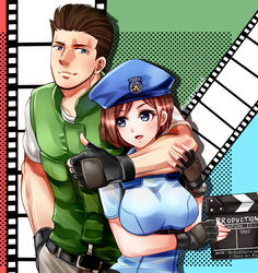  1boy arm_around_neck arm_under_breasts beret black_gloves blue_eyes blue_headwear blue_shirt blush breasts brown_hair chris_redfield clapperboard closed_mouth commentary_request english_text female film_strip fingerless_gloves gloves green_vest hand_in_pocket hand_on_another&#039;s_arm hat holding jill_valentine large_breasts looking_at_another multicolored_background nagare open_mouth resident_evil shirt short_hair smile standing thumbs_up upper_body vest white_shirt 