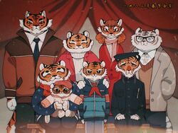  6+boys animal_ears baby bench black_headwear black_necktie blue_eyes closed_eyes collared_shirt family feet_out_of_frame female furry furry_female furry_male glasses grey_jacket hands_in_pockets hands_on_another&#039;s_shoulders hat height_difference highres holding_baby jacket juanmao knit_hat long_sleeves looking_at_viewer multiple_boys neckerchief necktie original pink_headwear pink_scarf red_neckerchief red_scarf scarf shirt sitting sweater tail tiger_boy tiger_ears tiger_girl tiger_tail white_shirt 