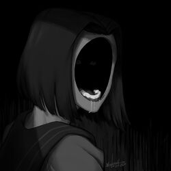  clip_studio_paint_(medium) dated drooling female greyscale highres hole horror_(theme) joseph_virtuoso looking_back lower_teeth_only monochrome original saliva short_hair signature solo teeth upper_body 