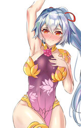  absurdres arm_up armor armpits bikini_armor blush breasts closed_mouth collar collarbone cosplay dress fate/grand_order fate_(series) female floral_print flower grey_hair hair_between_eyes hair_ribbon hand_on_own_chest highres kama_(fate) kama_(fate)_(cosplay) kama_(second_ascension)_(fate) large_breasts long_hair looking_at_viewer lotus lotus_print metal_collar pelvic_curtain ponytail purple_dress red_eyes red_ribbon ribbon simple_background solo thighlet tomoe_gozen_(fate) white_background yahan_(mctr5253) 