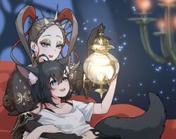  2girls absurdres amemachi_hanabi animal_ear_fluff animal_ears black_legwear brown_eyeshadow collarbone eyeshadow flat_chest forehead hair_behind_ear highres holding holding_lantern lantern lap_pillow long_hair makeup multiple_girls navel orla_gan_ceann red_eyeshadow shirt short_hair smile tail tiara tsunderia twintails valefal_coneri virtual_youtuber white_shirt wolf_ears wolf_girl wolf_tail 