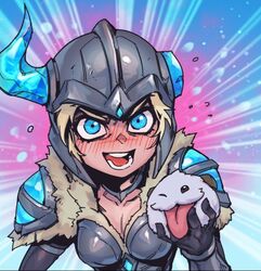  :d animal armor black_gloves blonde_hair blue_background blue_eyes blush breasts broken_horn cleavage collarbone female fur-trimmed_armor fur_trim gloves hand_up helmet holding holding_animal horns league_of_legends looking_at_viewer medium_breasts phantom_ix_row pink_background poro_(league_of_legends) sejuani short_hair smile teeth tongue tongue_out upper_body 