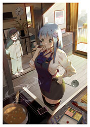  2girls absurdres alternate_costume apron barefoot bento black_thighhighs blush bsue cellphone closed_eyes closed_mouth collared_shirt commentary_request cooking facial_mark food g11_(girls&#039;_frontline) german_flag girls&#039;_frontline green_eyes grey_hair hair_between_eyes highres hk416_(girls&#039;_frontline) indoors kitchen knife long_hair long_sleeves multiple_girls open_mouth osandon pajamas pencil_skirt phone revision shirt skirt smartphone standing thighhighs white_shirt 