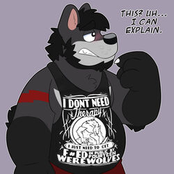  1:1 anthro bear blush canid canine canis chin_scratch clothing embarrassed english_text hi_res hybrid krousser male mammal oddly_specific_shirts_(meme) shirt solo tank_top text text_on_clothing text_on_shirt text_on_tank_top text_on_topwear thepandobo topwear wolf 