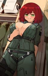  against_locker blush bodysuit breasts bursting_breasts cleavage female green_bodysuit green_eyes highres large_breasts locker original red_hair short_hair smile standing sweatdrop xerbatt 