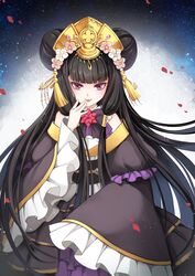  bare_shoulders black_hair blunt_bangs chao_feng dress female flower_ornament hair_tubes headdress highres long_hair looking_at_viewer red_eyes thunderbolt_fantasy tongue tongue_out xunling 