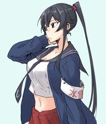  anchor_symbol armband bad_id bad_twitter_id black_hair black_necktie blue_background blue_jacket blue_sailor_collar breasts cleavage closed_mouth female hair_between_eyes jacket kantai_collection large_breasts long_hair long_sleeves midriff navel necktie ponytail red_eyes red_skirt rindou_(rindou_annon) sailor_collar shirt sidelocks simple_background skirt sleeveless sleeveless_shirt solo white_shirt yahagi_(kancolle) 