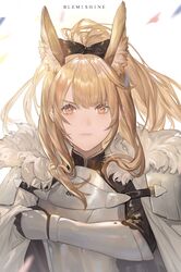  absurdres animal_ears arknights armor bingansuan_jiamouren black_bow blemishine_(arknights) blonde_hair bow character_name extra_ears female fur-trimmed_armor fur_trim gauntlets hairbow hand_up highres horse_ears kingdom_of_kazimierz_logo long_hair looking_at_viewer orange_eyes pauldrons ponytail shoulder_armor sidelocks solo straight-on upper_body v-shaped_eyebrows 